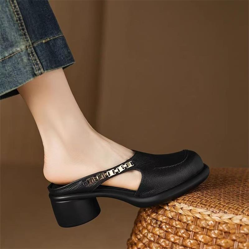 Women's Summer Outdoor Wear Soft Leather Closed-Toe Mules with Thick Soles and High Heels, Featuring a Round Toe and Slip-On Design