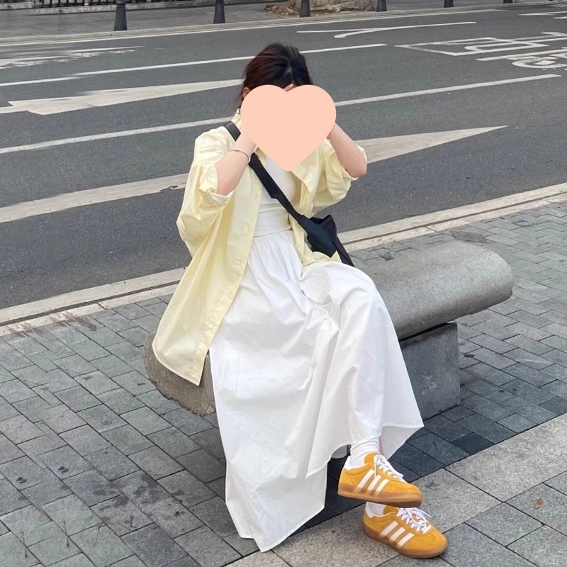 日系奶黄色长袖衬衫女春秋小个子宽松衬衣外搭开衫外套中长款上衣|undefined