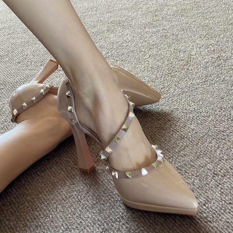 Rivet Nude High-Heeled Shoes for Women 2026 Spring and Summer New Style Waterproof Platform Pointed Toe Stiletto Shoes Sexy Elegant Sandals for Women