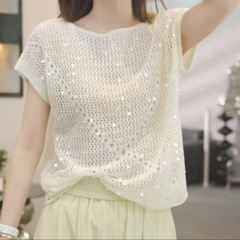 気品重工のスパンコールの透かし彫りのニットのブラウスの女性の2025夏の新型のファッションの簡単な通勤の洋風の上着