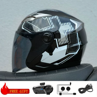 Motosiklet kaskı (dəbilqə) — Dual Lens Cycling Helmet - bright-black-flower-brown-lens-with-bluetooth-m57-58