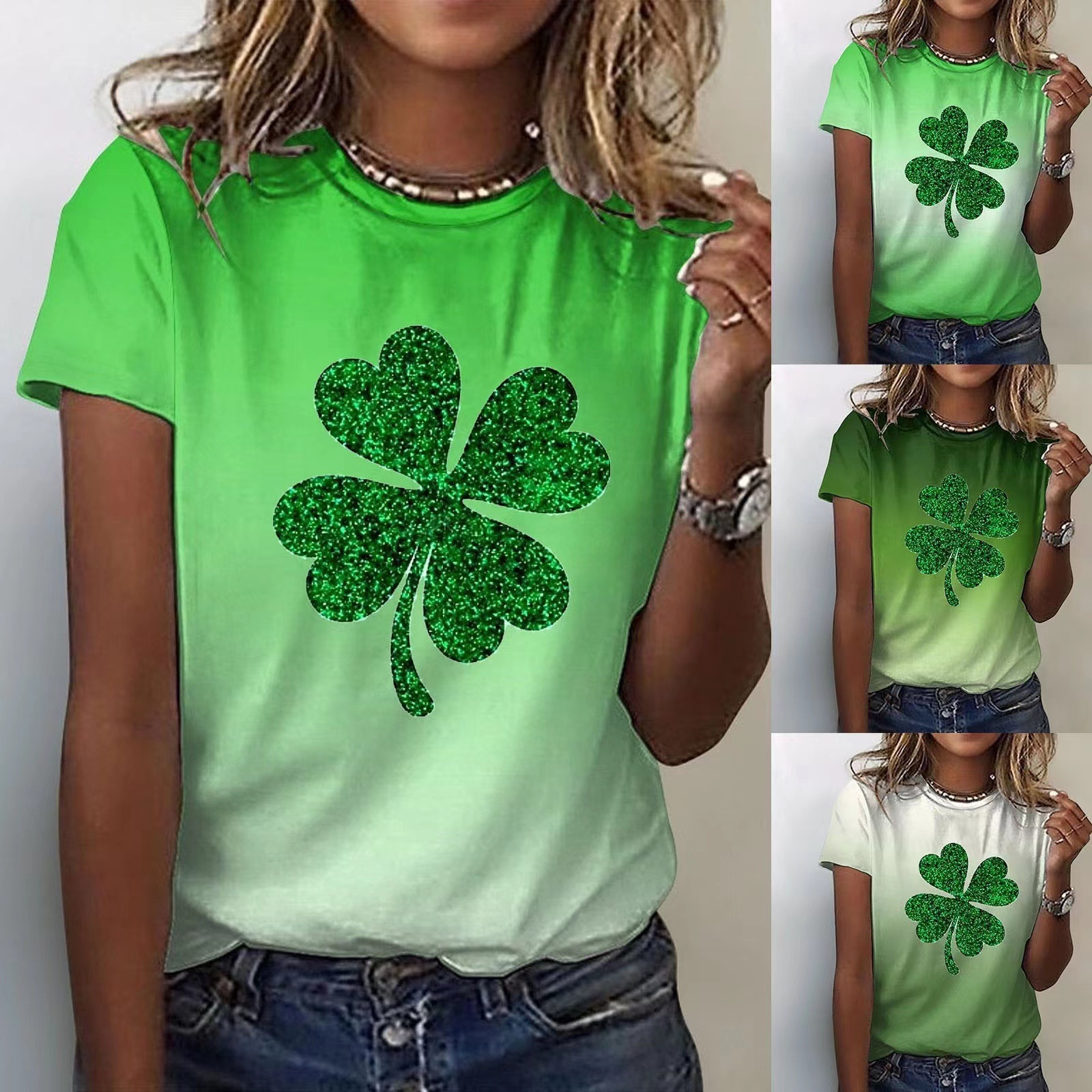 跨境外贸爱尔兰圣帕特里克节T恤欧美3D幸运三叶草印花短袖上衣女