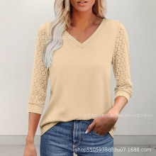 新款外贸跨境亚马逊欧美镂空蕾丝上衣休闲宽松纯色v领t恤夏百搭