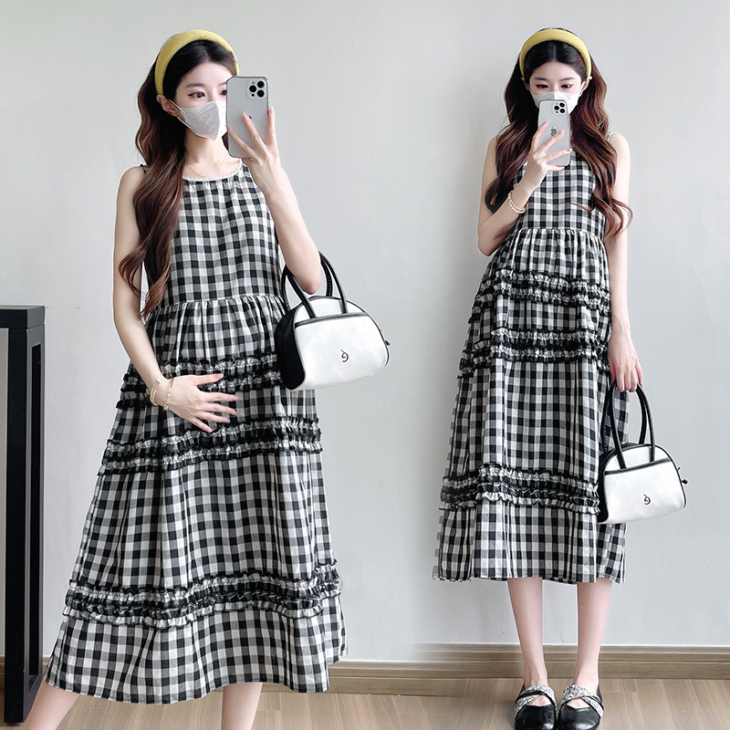 Maternity Wear Retro Plaid Good-Looking Sleeveless Dress Korean Style French Unique and Unique Maternity Long Dress