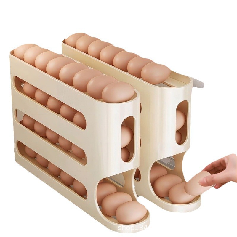 Caja de huevos transparente deslizante de venta caliente transfronteriza, 4 capas de caja de huevos escalonada, gran capacidad de almacenamiento de la puerta lateral del refrigerador