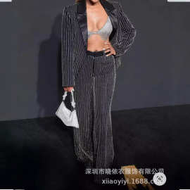 亚马逊跨境欧美气质通勤秋冬条纹女装西装外套宽松阔腿长裤套装