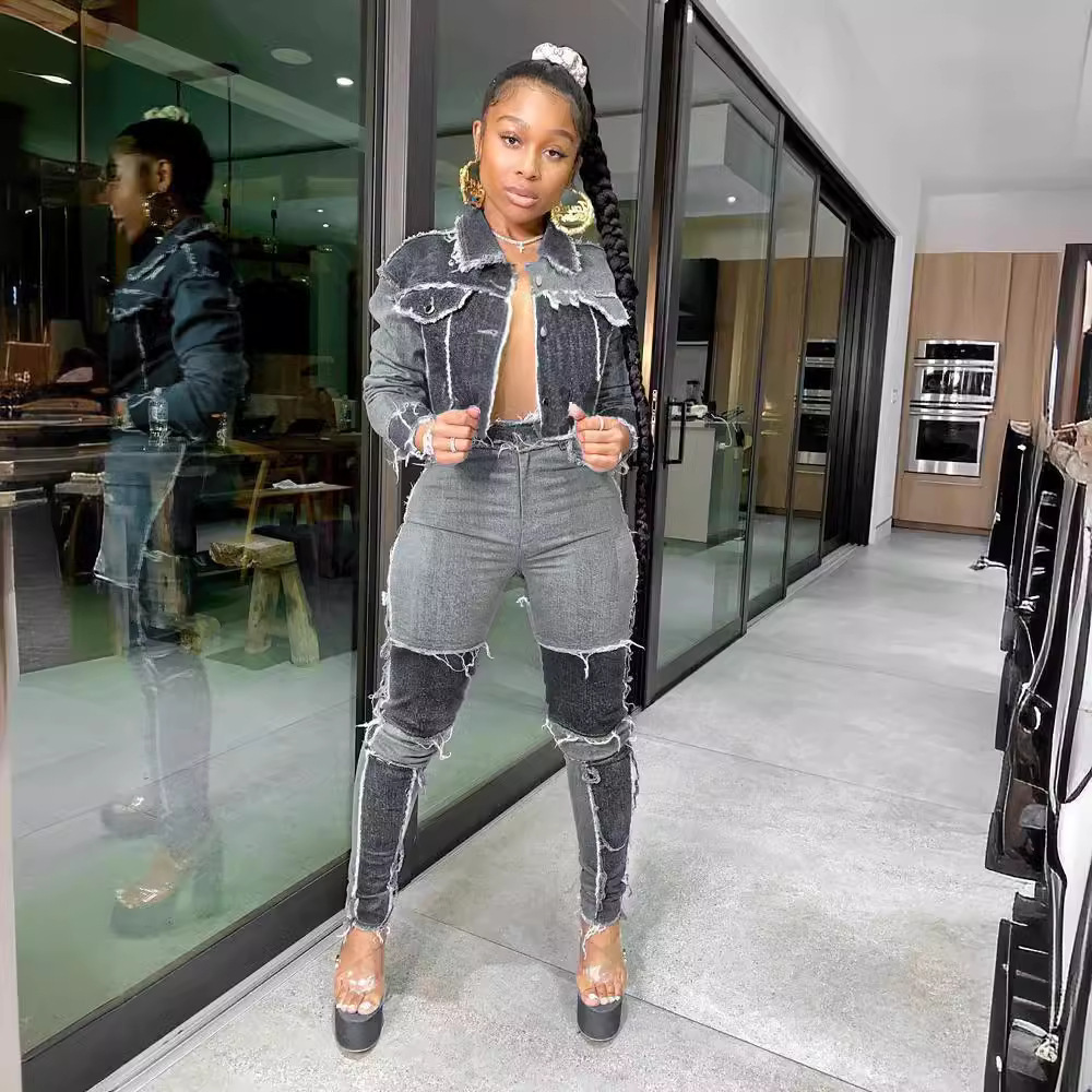 Trendy Women's Denim Jacket & Pants Set With Patchwork Design - Comfortable Polyester Blend For Casual & Office Wear_voghion.com