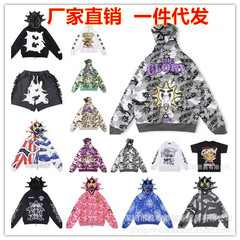 25FW 外貿卸売 ヒップホップ ストリート系 ジップフーディー グロ漫画プリント 男女兼用 迷彩柄ジップアップスウェットシャツ