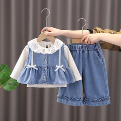 女の子春服セット2025新型子供秋洋気流行赤ちゃん春秋タイプネット赤カウボーイ三点セット