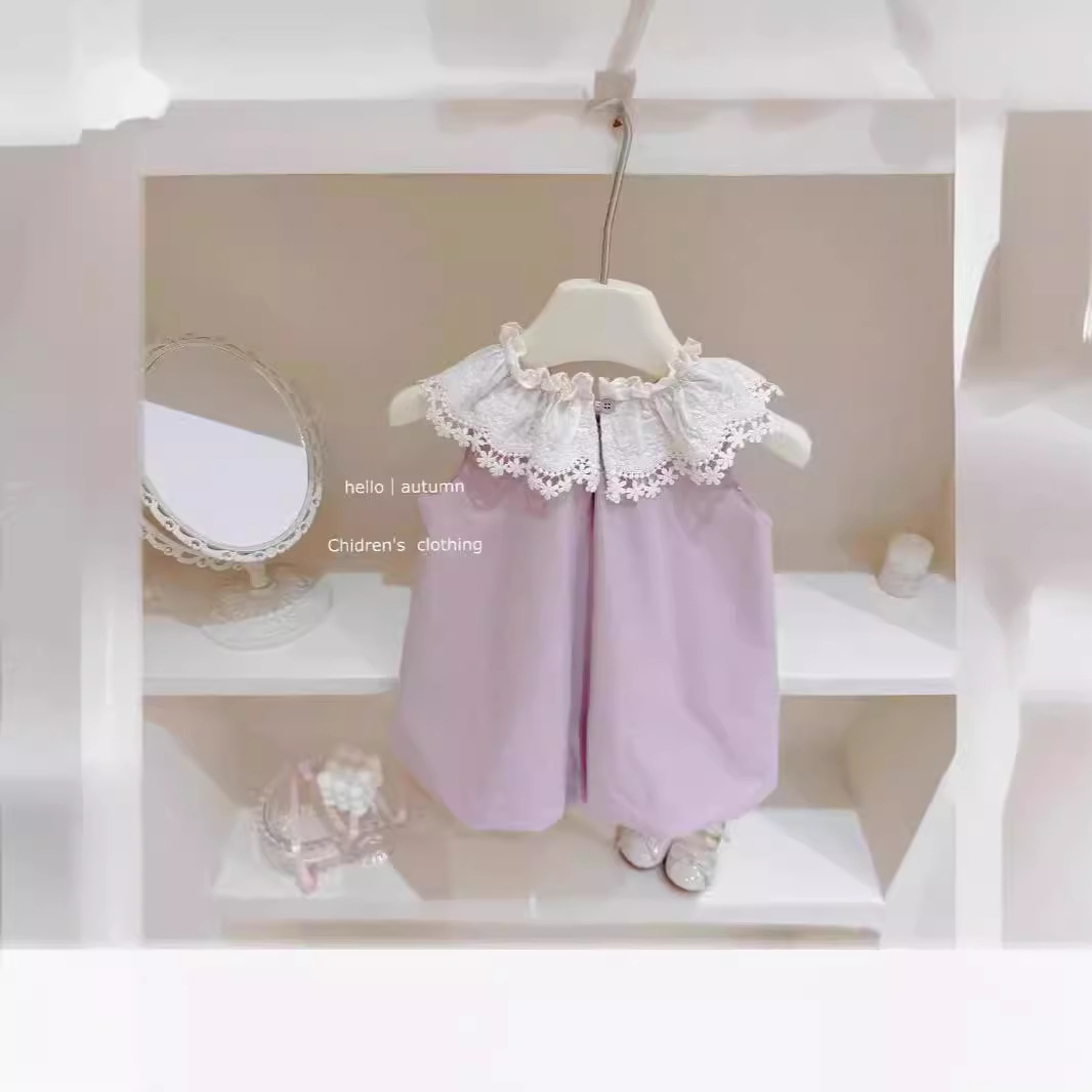 Mädchenweste 2025 Neuer Stil Baby Mädchen Spitze Kragen Dünn Ärmellos Süßes Prinzessinnenkleid mit Blumenknospenmuster_voghion.com