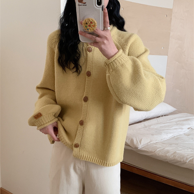 Nuevo estilo coreano de otoño y invierno simple estilo de viento sólido color completo retro cardigan de punto suéter de viento relajado abrigo abrigo image 3