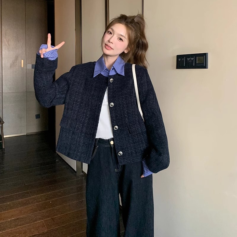 假两件格子拼接复古小香风外套女早春秋2025年新款气质设计感上衣|undefined