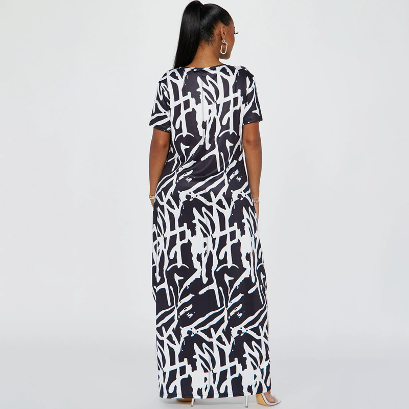 Casual Outing Abstract Printing Black White Short Sleeve Dress Comfortable Home Loose Dress