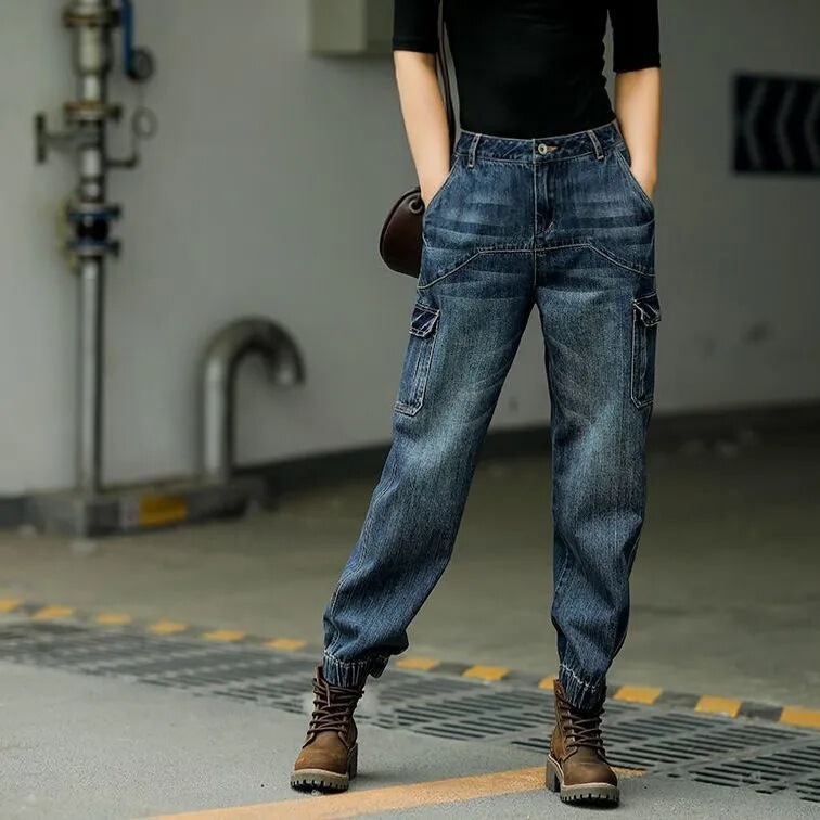 High waist overalls jeans women's loose spring and autumn 2024 new elastic waist straight high waist slim dad pants