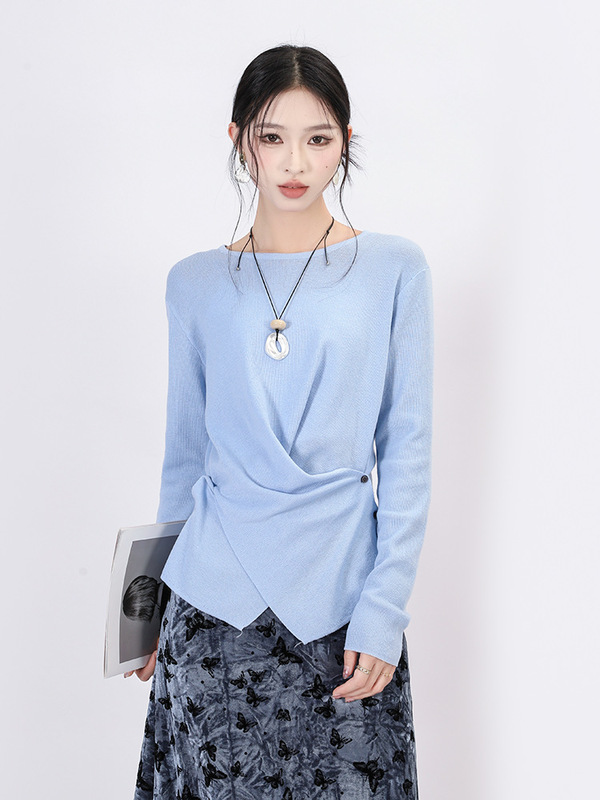 设计感交叉扭结6羊毛长袖上衣女 早秋新款条纹外穿遮腹显瘦T恤衫|undefined