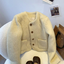 浅黄色夹棉小香风外套女2024冬季新款法式加厚小个子短款毛呢上衣