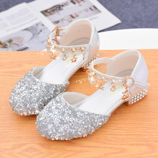 Children's silver high-heeled princess shoes girl's crystal shoes model competition children's shoes sparkling shoes
