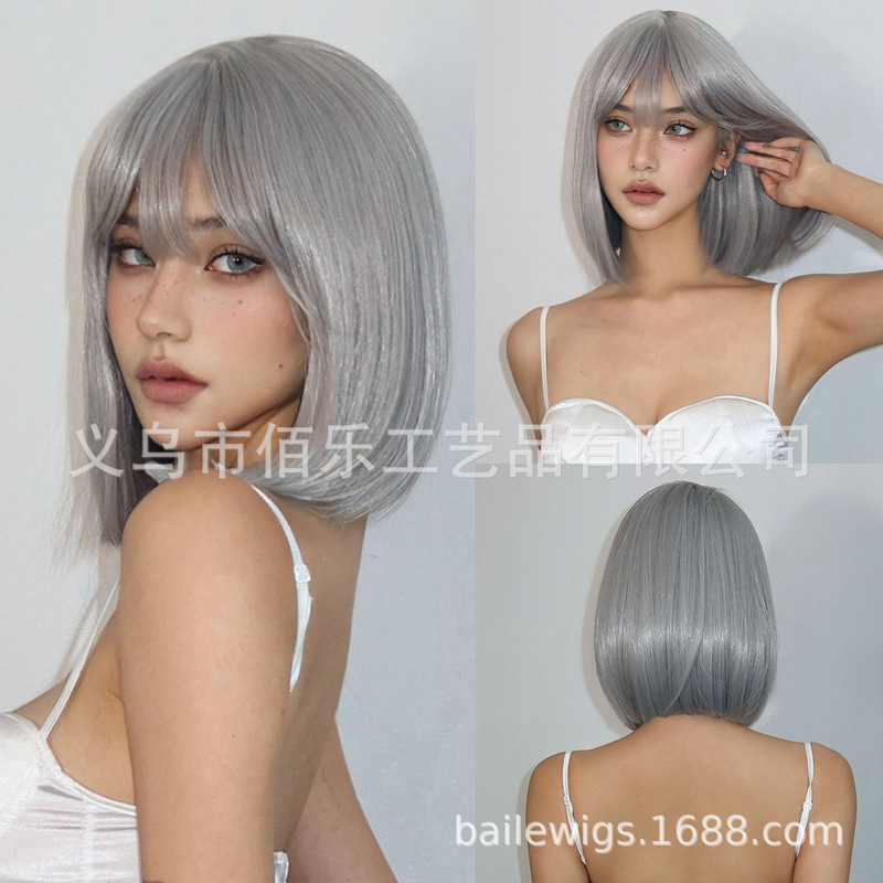 European and American Cross-Border Wigs with Bangs Silver Gray Short Straight Hair Full Headgear Bobo Manufacturer Spot Wholesale Wigs