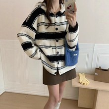 法式小香风黑白条纹毛衣外套女秋冬慵懒宽松连帽气质针织开衫上衣