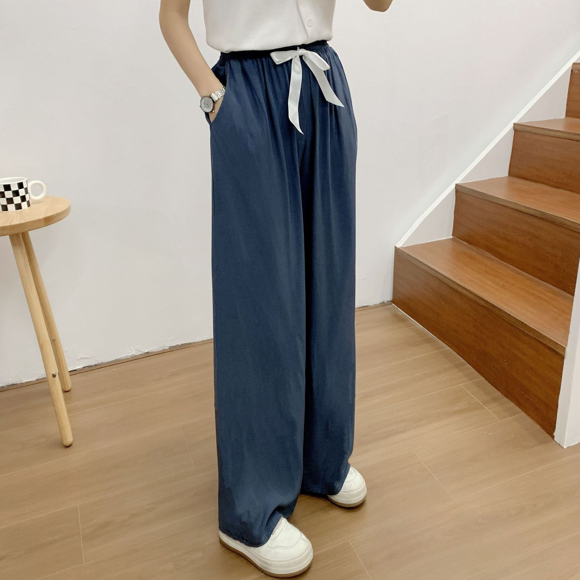 Pyjamahose aus Baumwolle und Seide für den Sommer, neue einfarbige, hohe Taille, Bonbonhose mit weitem Bein, dünne Außentasche_voghion.com