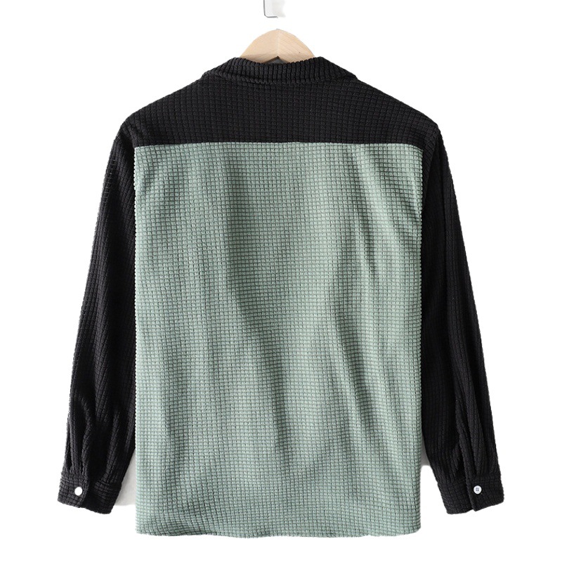 Camisa de Manga Larga con Bloques de Color para Hombre, Primavera-Otoño 2025, Estilo Holgado, Tipo Waffle, Chaqueta de Trabajo, Alta Elasticidad y Comodidad