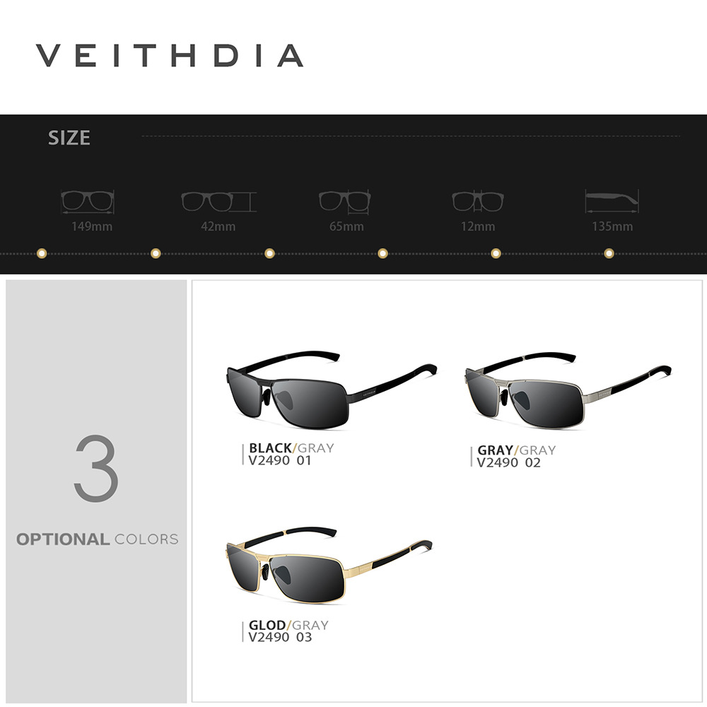 Veithdia hombres cuadrados polarizados UV-prueba gafas de sol antideslizantes gafas de sol de oro en stock 2490