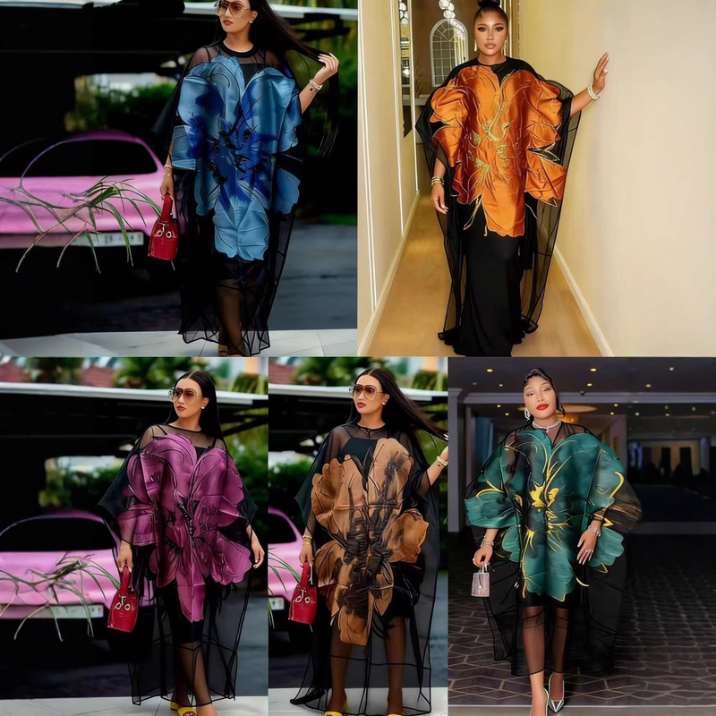 Africa Cross-Border European and American African Women's Clothing Plus Size Fashionable Elegant Batwing Sleeve Round Neck Ruffled Long Robe Dress