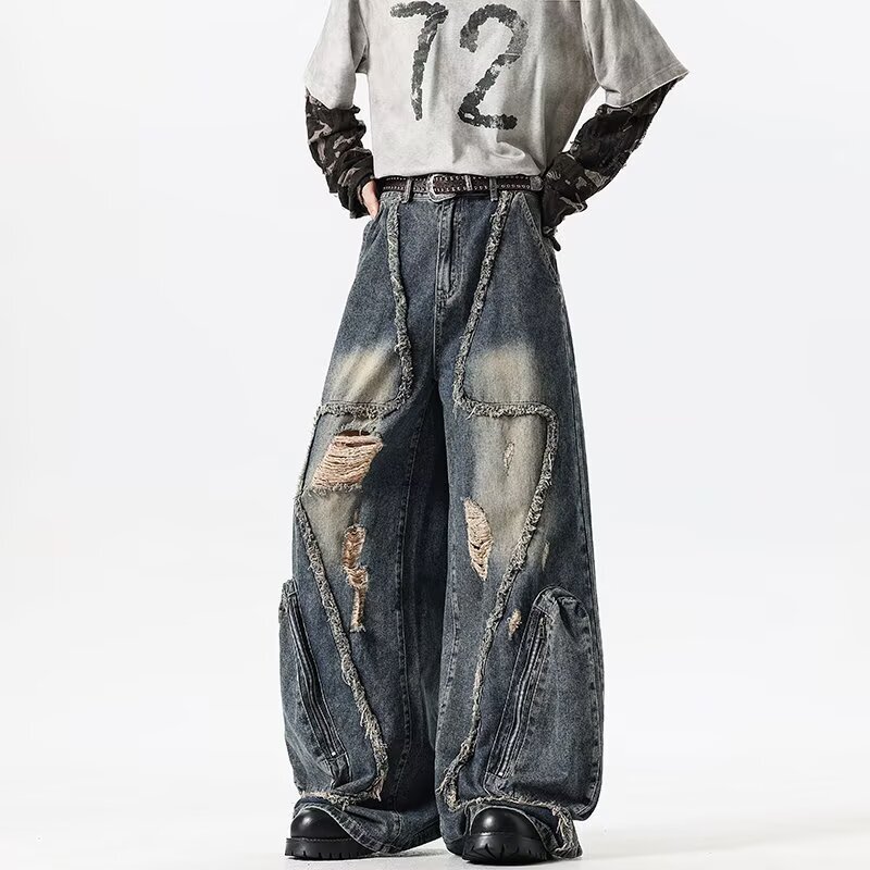 Heavy-Duty Niche Deconstructed Fringed Ripped Jeans for Men and Women, with a Flared Fit, Vintage Wash, Large Pockets, and a Unique Design, Floor-Length Workwear Pants Heavy-Duty Niche Deconstructed Fringed Ripped Jeans for Men and Women, with a Flared Fit, Vintage Wash, Large Pockets, and a Unique Design, Floor-Length Workwear Pants