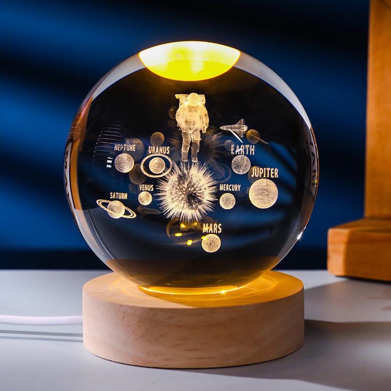 Escultura interior 3d bola de cristal transfronteriza luz de noche base de madera maciza decoración literaria pareja compañeros de clase cumpleaños regalo creativo