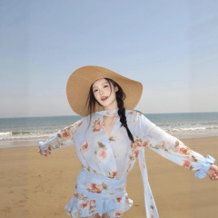 蓝色飘带印花小众v领长袖衬衫连衣裙度假风优雅气质小众25年新款