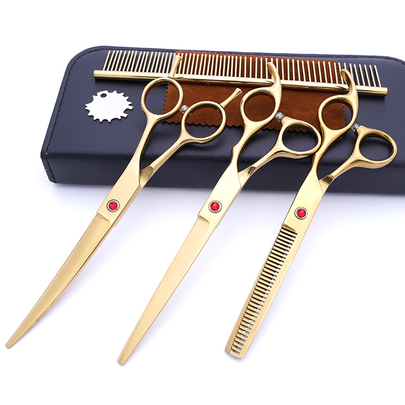 Fabricante de juegos de tijeras para mascotas, tijeras de peluquería canina al por mayor de 7 pulgadas, suministros morados para perros.