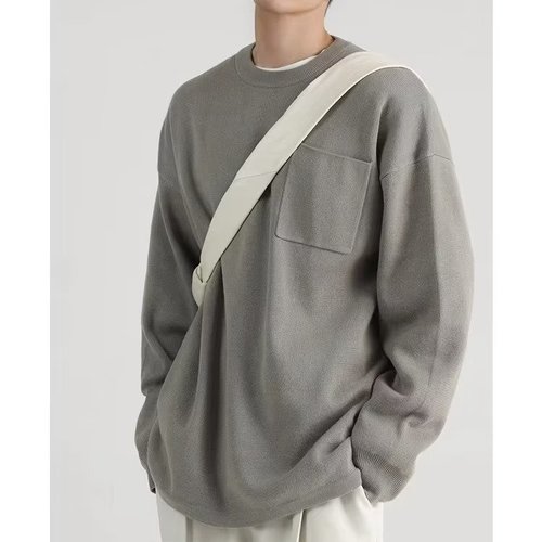 Japanese Retro Relaxed Knit Shirt T-Shirt for Men Spring Pocket Oversized Loose Plain Color Casual Crew Neck Sweatshirt