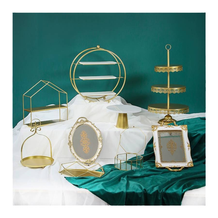 Tabla de postres de estilo europeo, estante de exhibición de bodas, banquete de bodas, estante de pastel, estante de té de la tarde, estante de golden snack set de 7 piezas