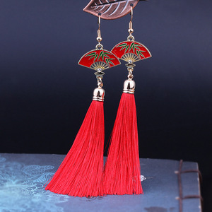 Chinese national classical red wind fan earrings female long tassel earrings qipao dress deserve to act Long Tassels earrings for ballroom latin dance