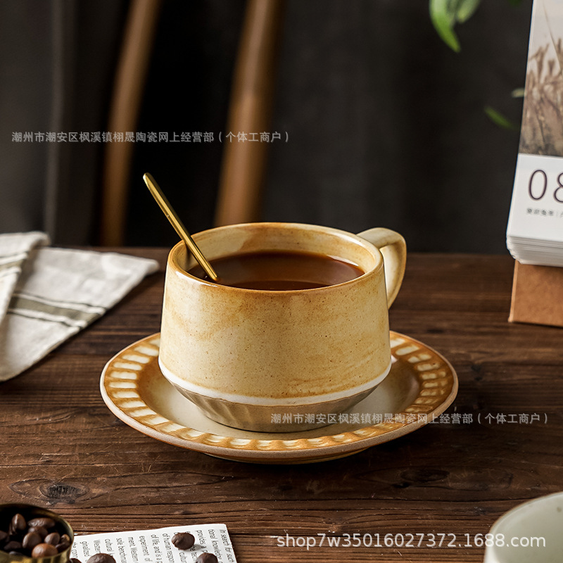 Retro cerámica rugosa taza de café conjunto de taza de té de cerámica casera instantánea cafetería latte taza de flores taza de marca