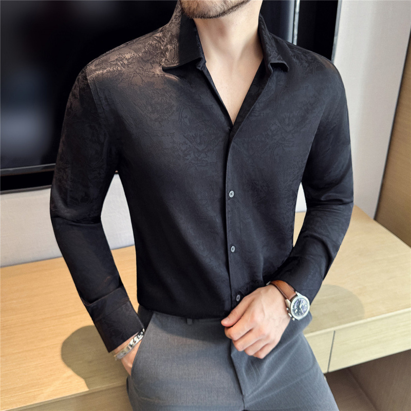 秋季新款翻领长袖衬衫男士潮流时尚提花垂感韩版修身衬衣C996