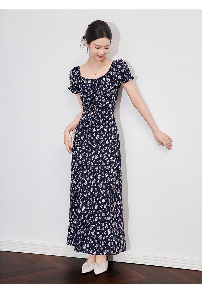 Váy liền maxi nữ phong cách Pháp cổ ren in hoa thắt eo — Màu xanh lam chi tiết 13