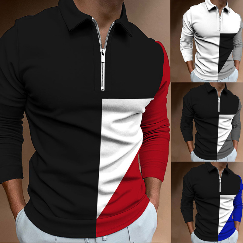 Men's European and American Cross-border Zipper Casual Slim-fit Men's Color-block Digital Printing Long-sleeved Polo