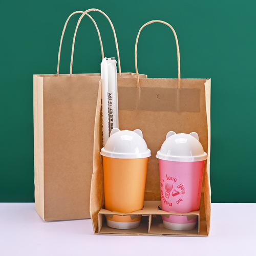 Kraft paper bag disposable takeaway milk tea packaging bag red and white gift gift box clothing portable paper bag