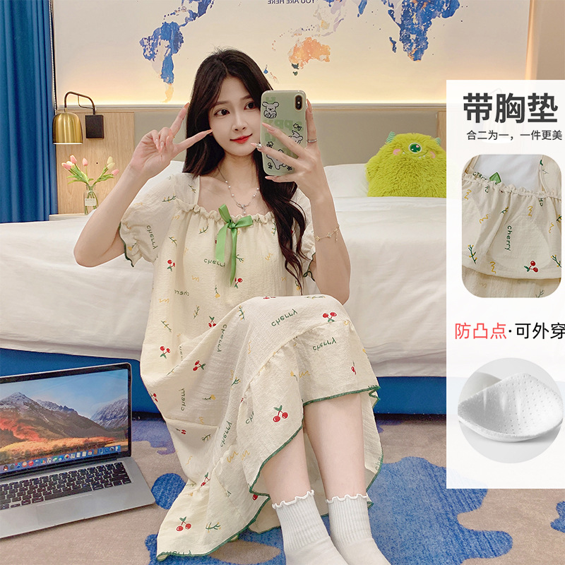 Verano con cojín de pecho pijama espuma de mujer manga corta pijama largo dulce estudiante princesa ropa de casa mayorista