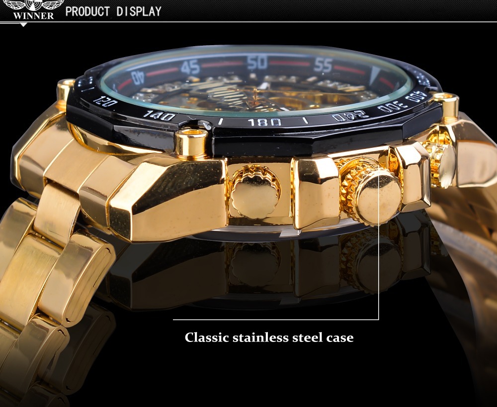 Men's Mechanical Watch Gold Stainless Steel Diamond Dial_voghion.com