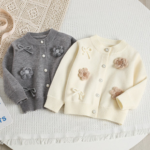 Girls Sweater Tops 2025 Spring & Fall New Korean Style Pure Color Stereo Flower Knitted Cardigan Wool Jacket