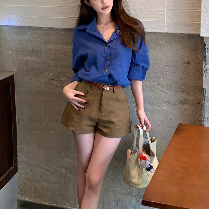 高级感复古宽松长袖衬衫西装阔腿短裤女2025夏季新款时尚套装ins|undefined