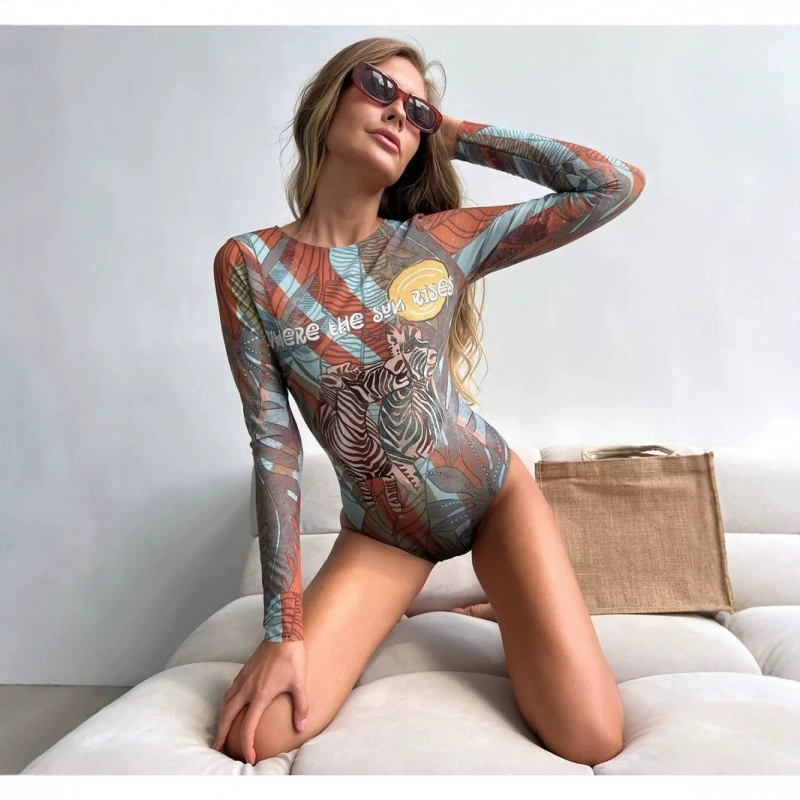 新款欧美跨境高级感连体泳装Купальник俄罗斯长袖泳衣