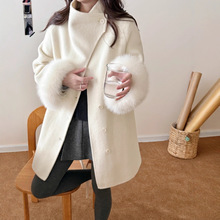 狐狸毛袖系带中长款双面羊毛大衣 加厚简约气质羊毛呢子外套腰带