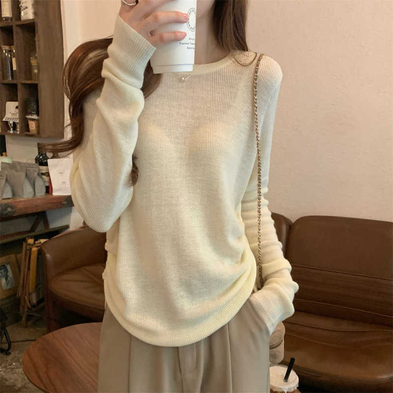 秋季2025新款气质宽松圆领抽绳百搭慵懒针织打底衫长袖上衣女毛衣|undefined