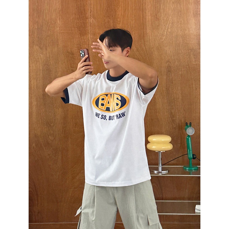Blue Round Neck Contrast Short-Sleeve T-Shirt for Men, Summer Korean Letter Print Casual Heavyweight Half-Sleeve T-Shirt