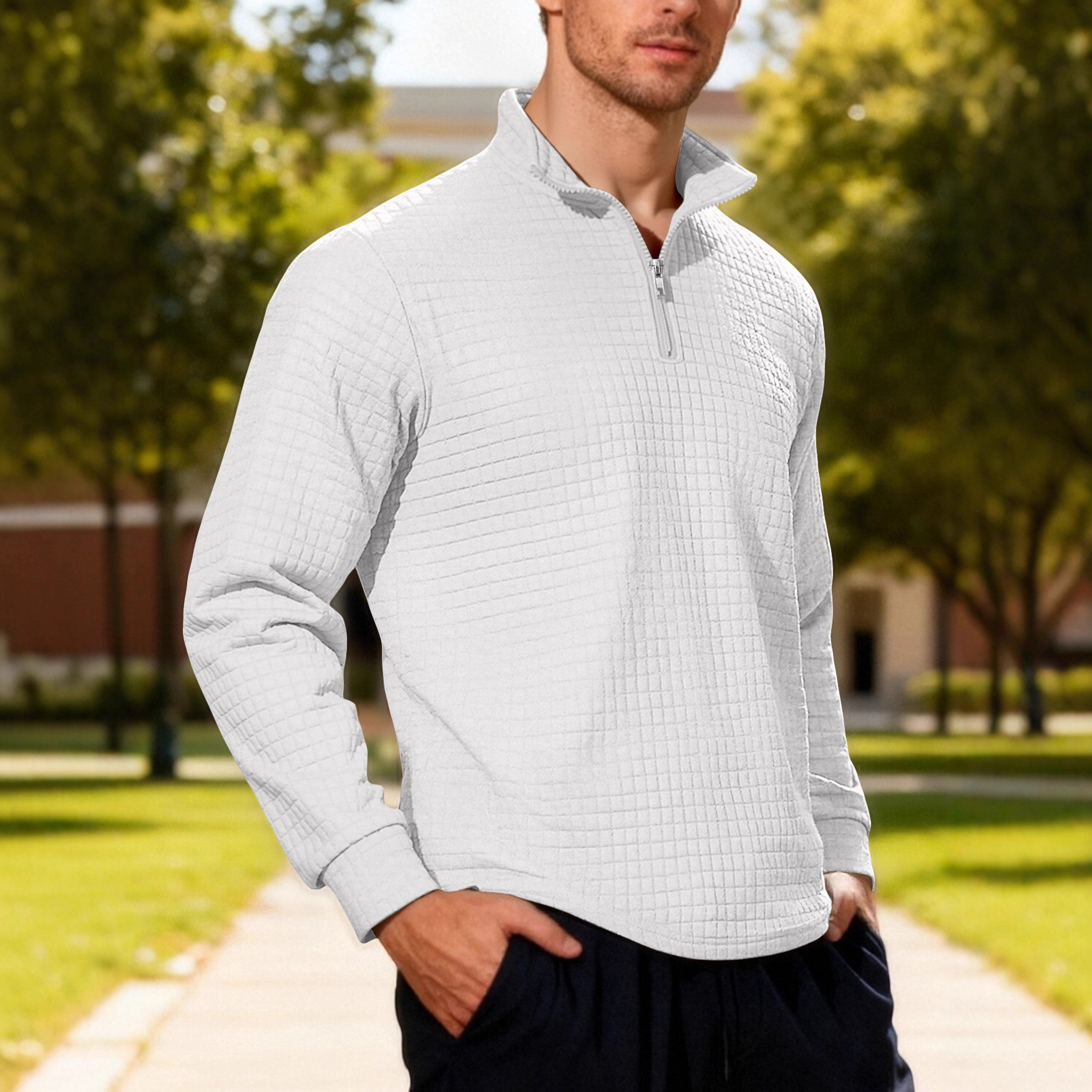 Transfronterizo Europa y América Amazon hombre Jacquard cuadrado pequeño cuello medio cremallera Waffle chaqueta deportiva casual