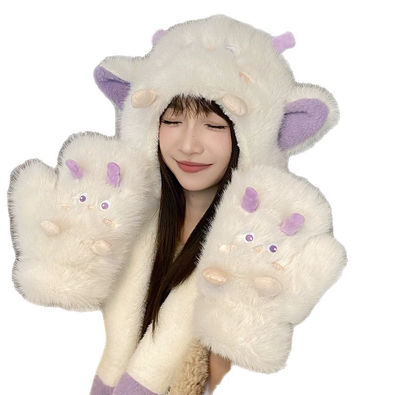 Cute plush monster, velvet gloves, keep warm hat for elementary school students