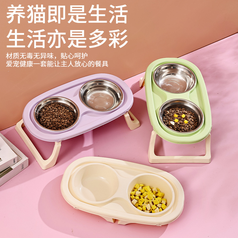 Perro de acero inoxidable tazón plegable lindo gato tazón doble tazón a prueba de fugas de alimentos Pet Bowl gato y perro tazón de fuente de alimentación perro tazón de arroz